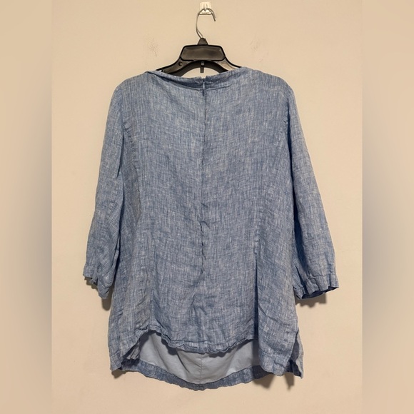 Lafayette 148 Beaded Linen Top Short  Sleeve Coastal V-neck Blouse Size 16 Blue - Picture 6 of 6